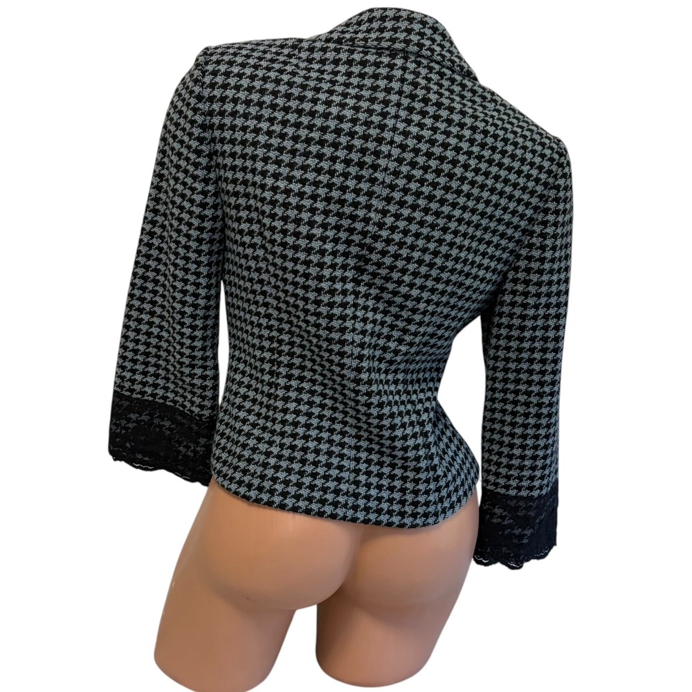 Unger Blazer Size 8 Blue Black Houndstooth Wool Blend Lace Trim Tailored Y2K - Picture 5 of 8
